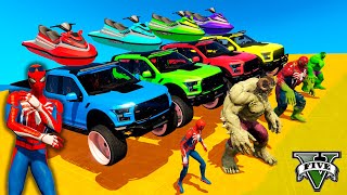 Spiderman & Super Heroes Race In Mega Ramps By Mack Trucks & Sea Bikes Super Cars