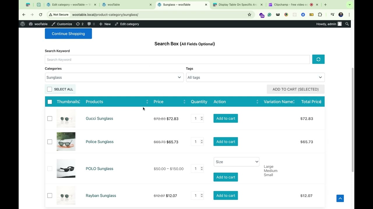 How to display a product table to the specific archive, taxonomy or category page