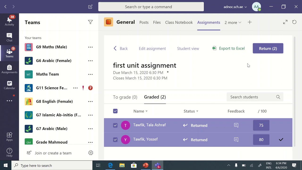 microsoft teams assignment returned meaning