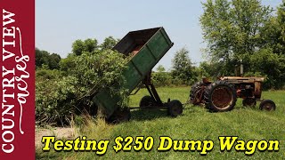 Trimming Trees around the Hay Field. Testing out $250 Dump Wagon. Will it dump the tree limbs?