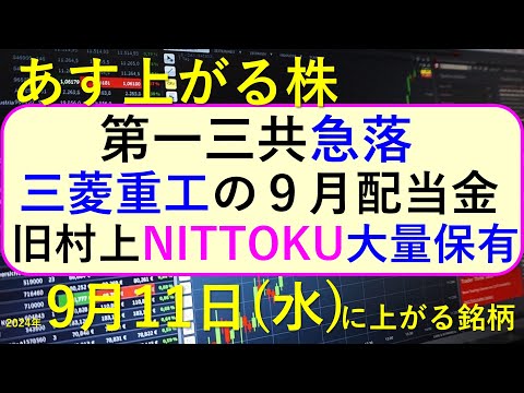 あす上がる株 2024年９月１１日（水）に上がる銘柄。第一三 ...