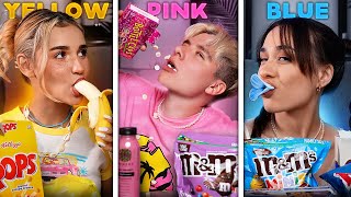 PINK vs BLUE vs YELLOW food CHALLENGE // Color food ASMR MUKBANG (With SUBTITLES)