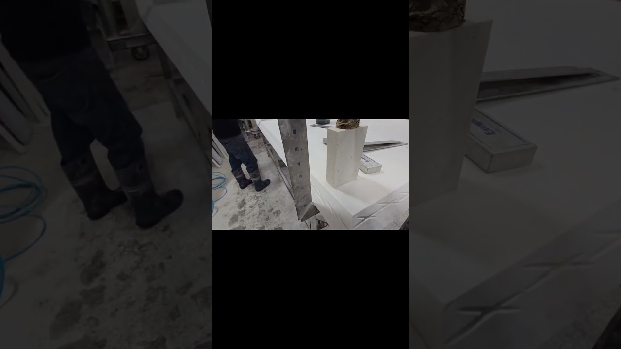 Today’s spotlight: gluing a quartz island with a seamless mitered edge