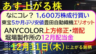 あす上がる株　2025年１２月１１日（木）に上がる銘柄。ＡＮＹＣＯＬＯＲ上方修正・増配。豊田自動織機にエリオット。東宝５か月ぶりの安値。堀場製作所配当～最新の日本株情報。高配当株の株価やデイトレ情報～