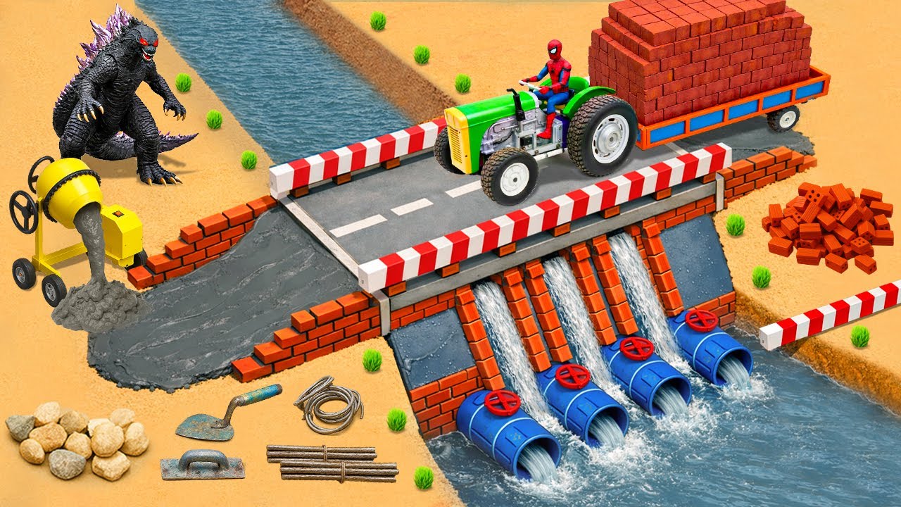DIY Mini Tractor Builds a Hydropower Dam with an Overpass for Trucks and 4 Modern Water Gates
