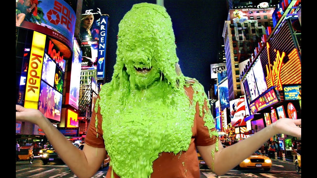 Beautiful Blonde Woman Gets Green Slimed! - In New York, you can be a model on a video shoot when some green slime just starts falling on your head. Now you're instant art!
