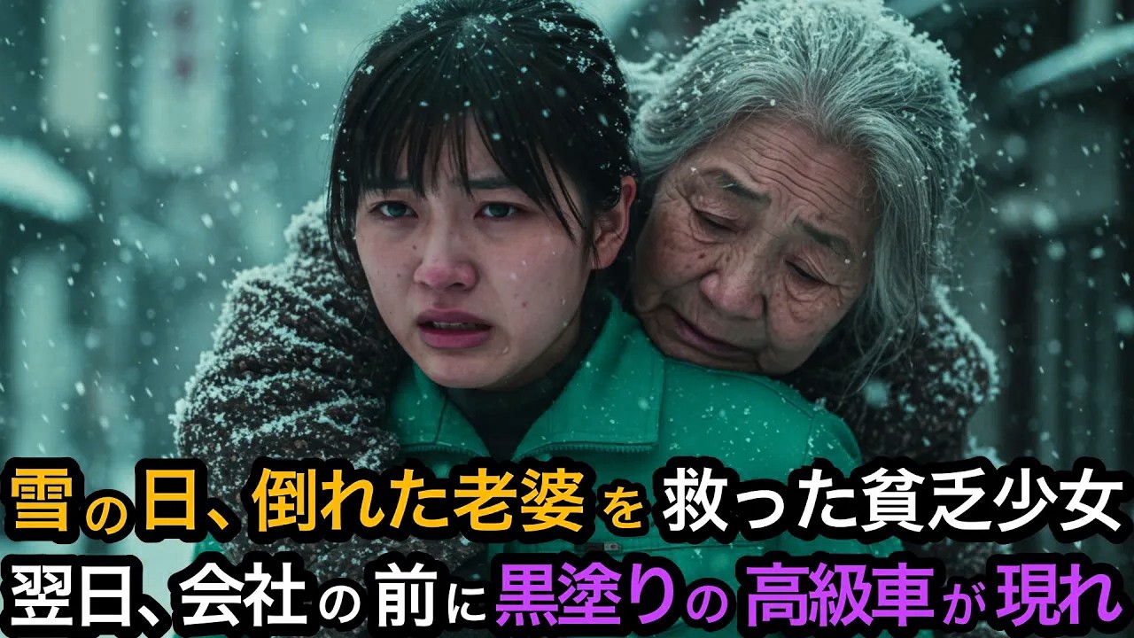 雪の日、道端で倒れた老婆を助けた貧乏少女。翌日、会社の前に黒塗りの高級車が現れると…