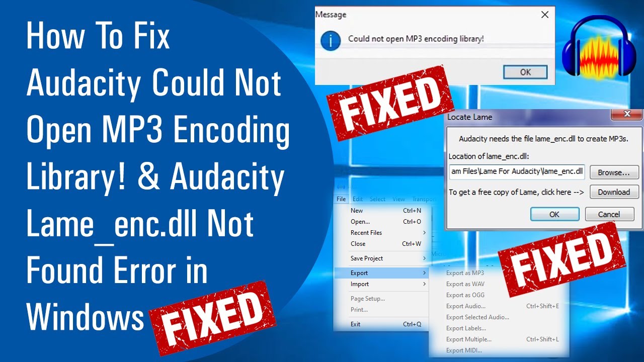 How To Fix Audacity Could Not Open MP3 Encoding Library & Audacity  Lame_enc.dll Not Found Error 2020 - YouTube