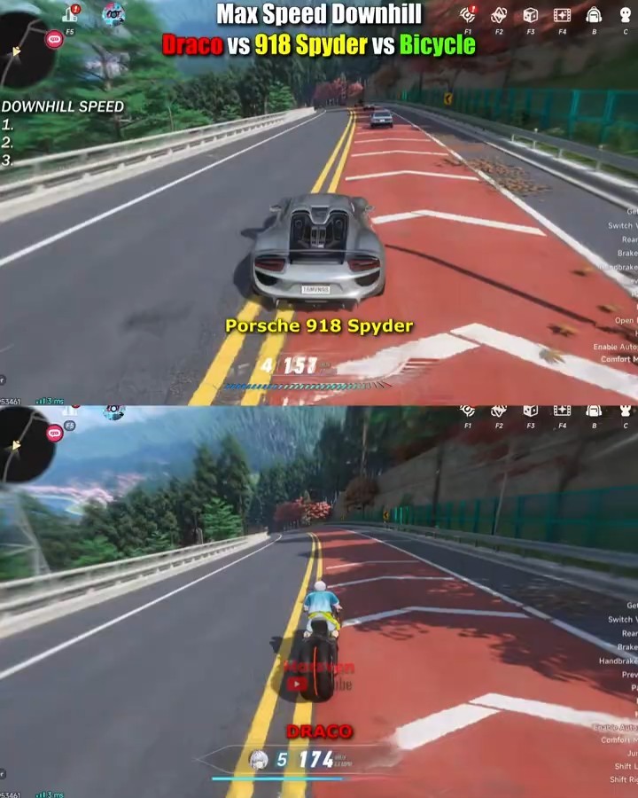 Max Speed Downhill : Draco vs 918 Spyder vs Bicycle #nte