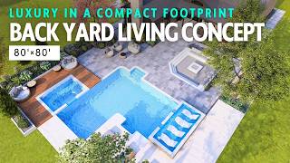 Luxury 80' × 80' Ultimate Backyard Living Concept | Pool, Hot Tub & Outdoor Fireplace Design