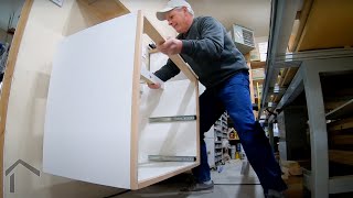 Floating Shelf Lessons Applied to a Floating Shop Cabinet with Countertop and Drawer Stack