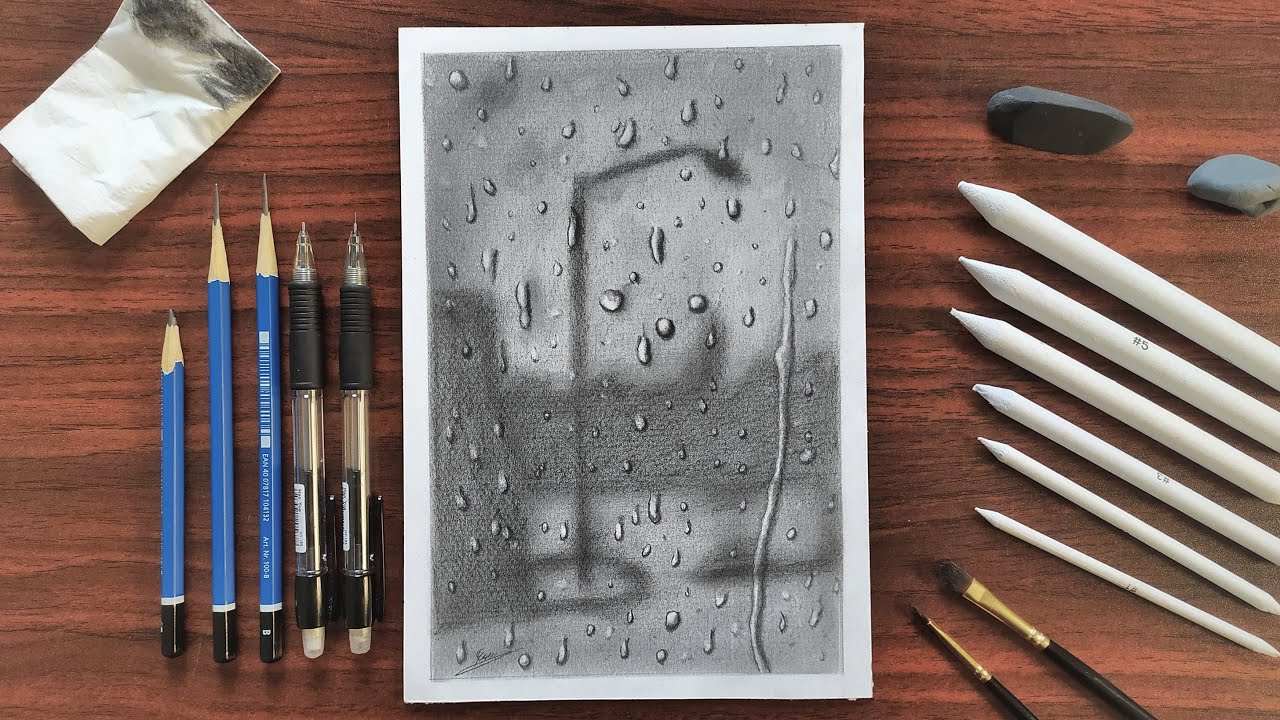 رسم منظر طبيعي لفصل الشتاء والامطار بقلم الرصاص | رسم خطوة خطوة للمبتدئين في تعليم الرسم - رسم سهل