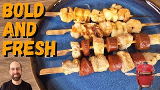 ULTIMATE SKEWERS ON THE KAMADO BONO || COD & CHORIZO + PRAWN & HALLOUMI