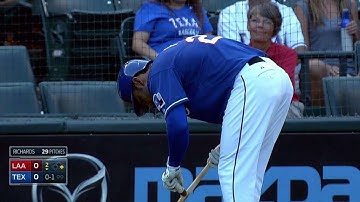 LAA@TEX: Pena loses the grip of his bat during swing