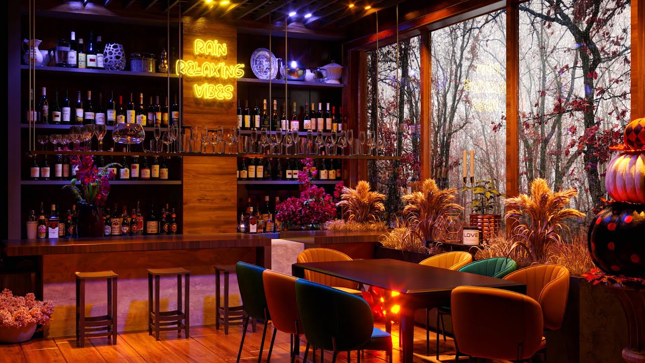 Cozy Autumn Bar Ambience - Relaxing Soft Gentle Rain Sounds and Rain On ...