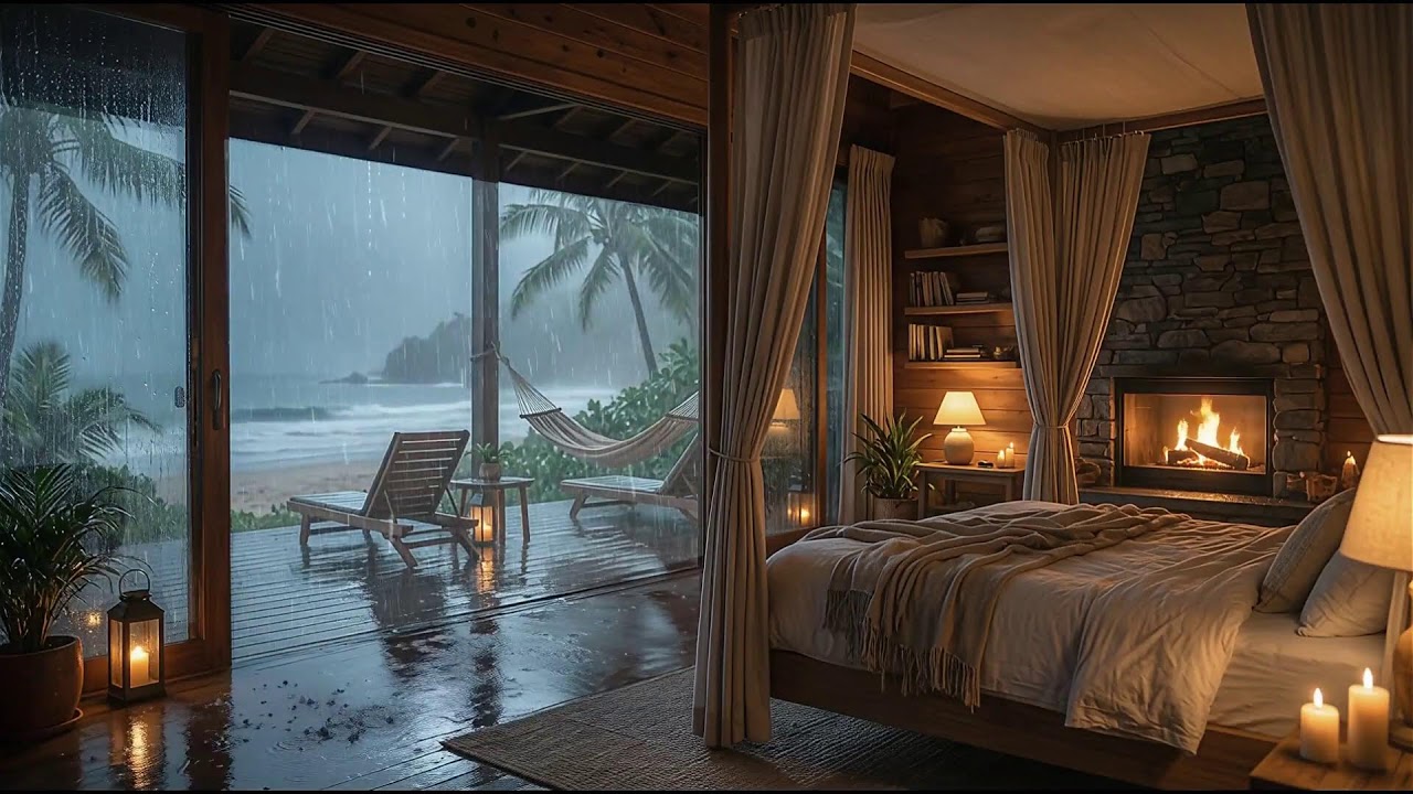 Drift Off in Minutes: 12-Hour Beach Cabin Rain & Fireplace Crackle Deep Sleep No Ads