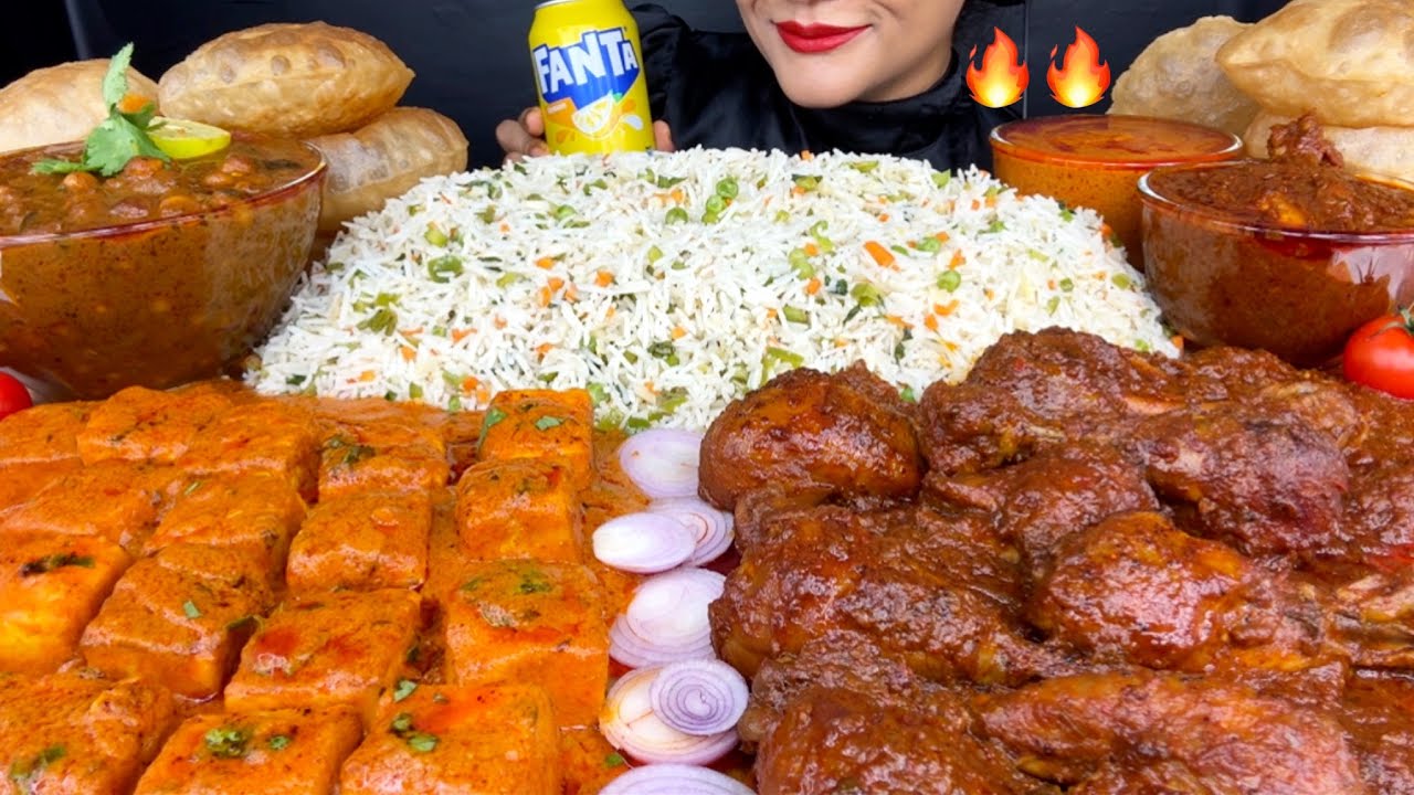 ASMR EATING FRIEDRICE,CHICKEN CHANGEZI,PANEER BUTTER MASALA,PURI WITH CHOLE