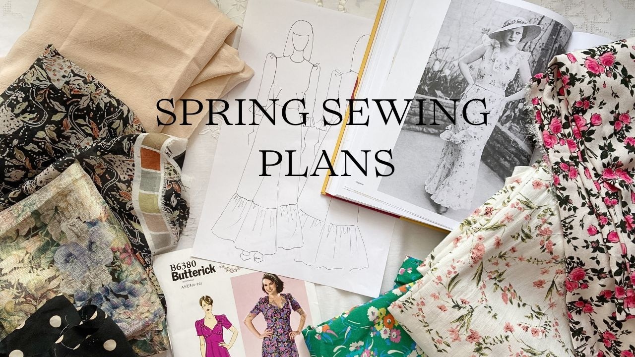 YouTube thumbnail with 3 floral fabrics including a Liberty print, a linen with dusky pink flowers and a bright pink rose