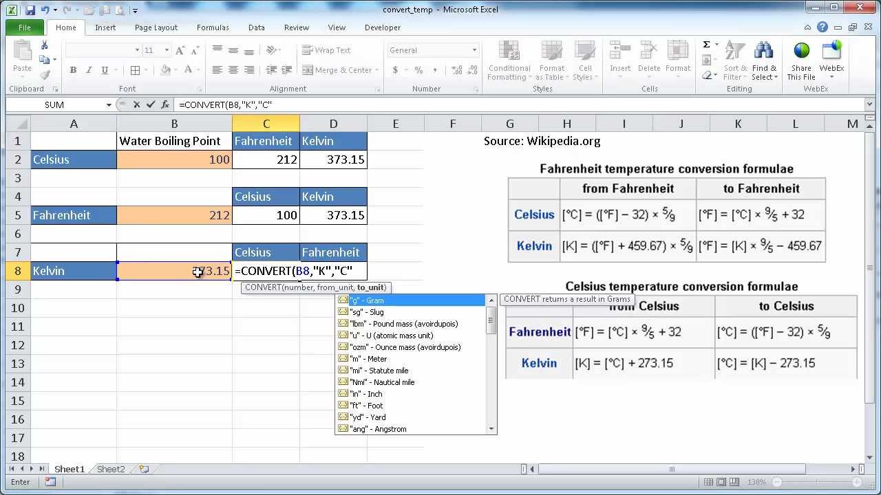 Convert Temperature Celsuis Fahrenheit Kelvin In Excel Youtube