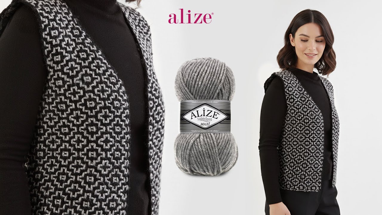 Жилет с мозаичным узором и вышивкой пряжей Alize Superlana Maxi