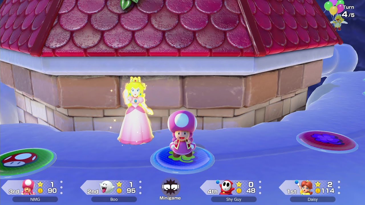 Super Mario Party Jamboree #152 Mario's Rainbow Castle 5 turns (Toadette vs Boo vs Daisy vs Shy Guy)