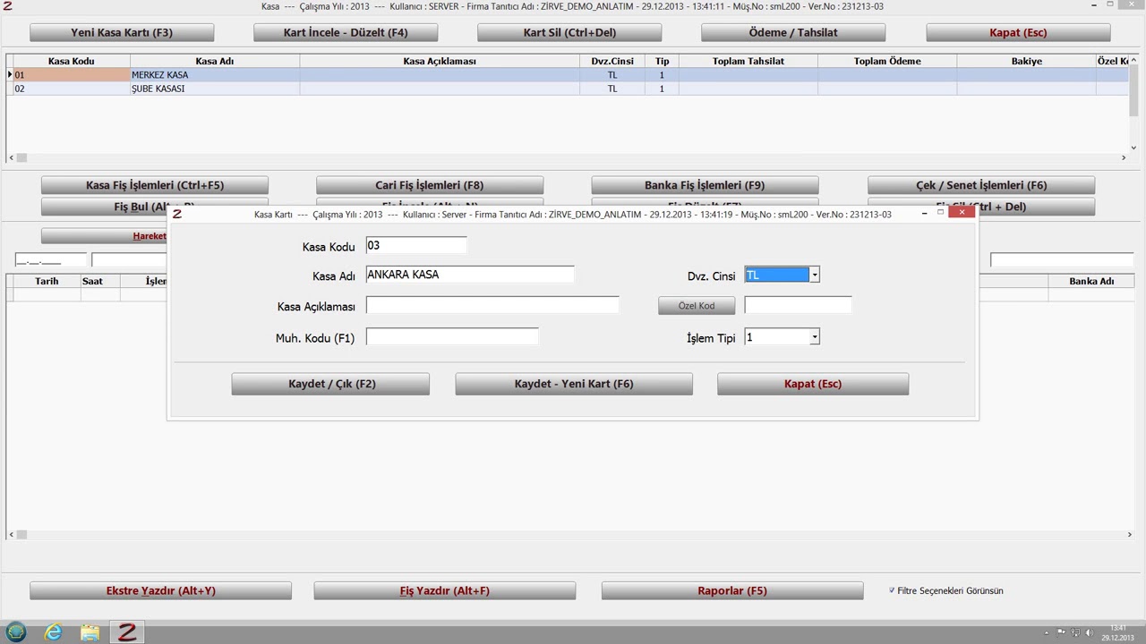 13 - Zirve Yazılım - Kartlarının Tanımlanması. Yeni Kasa Açma ve Kasa takibi