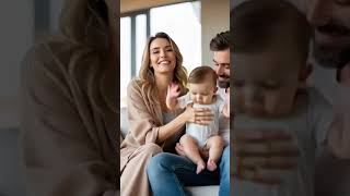 A Cute Baby Dancing On The Lap Of Parents .