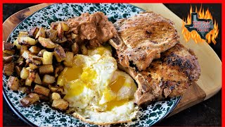 Blackstone griddle cooking is always fun. this texas style pork chop
breakfast fun and easy to make. now fried eggs chops are my sons
favo...