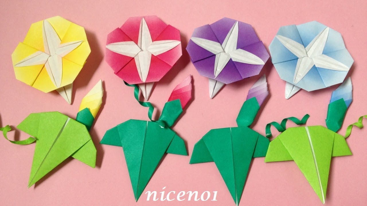 折り紙 あさがおの花 つぼみ 葉 ツルの折り方 Origami Morning Glory Flower Bud Leaves Tutorial Niceno1 Youtube