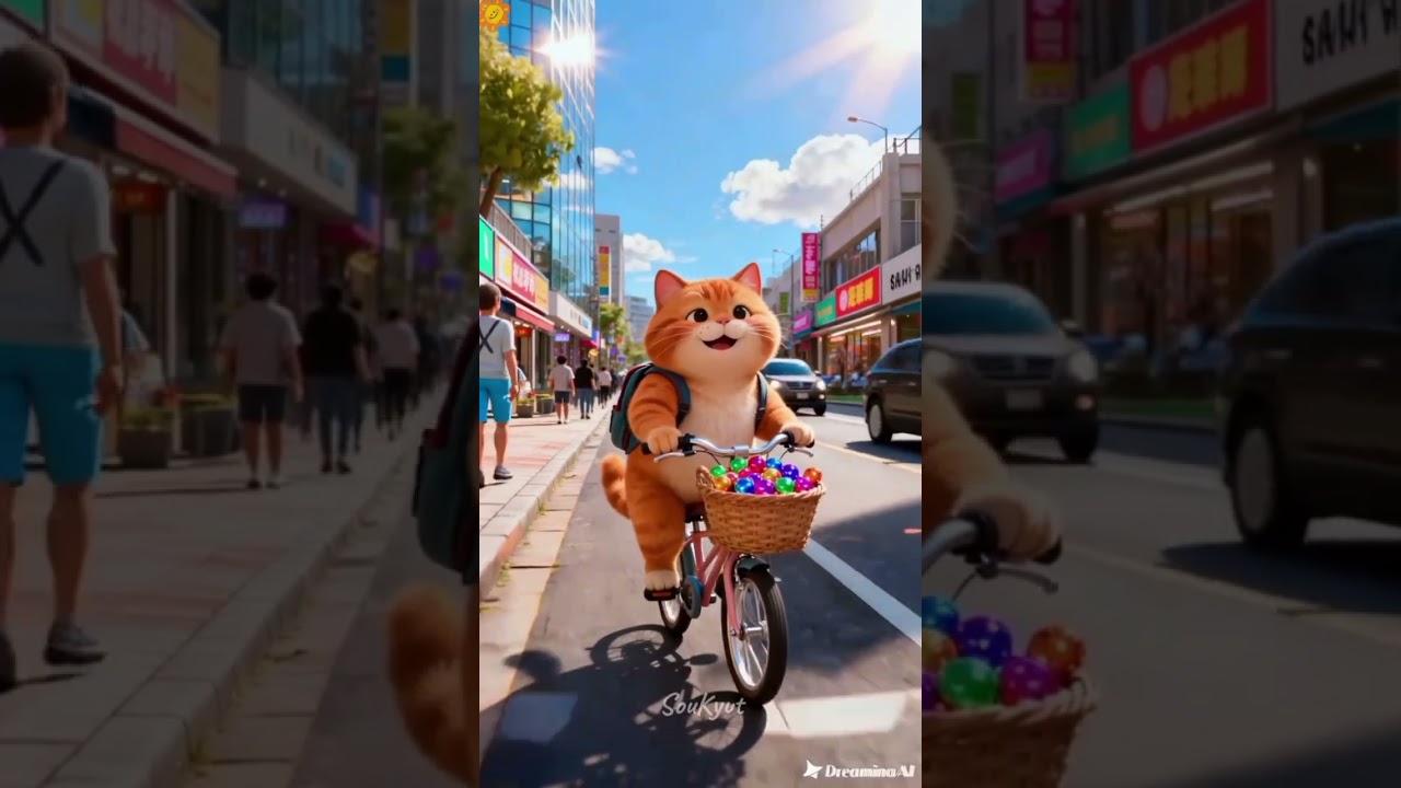 Cute orange cat falls off bike 