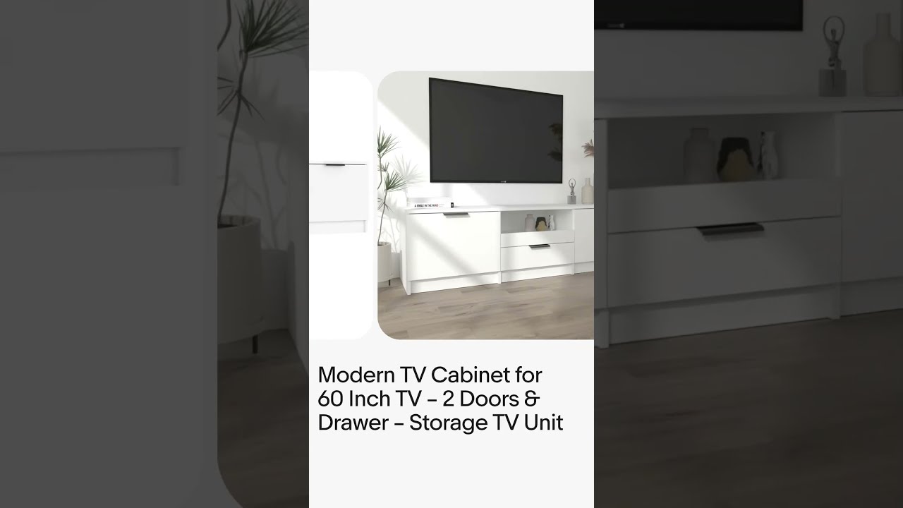 Modern White TV Cabinet for 60” TVs | Stylish Storage with Doors & Drawer