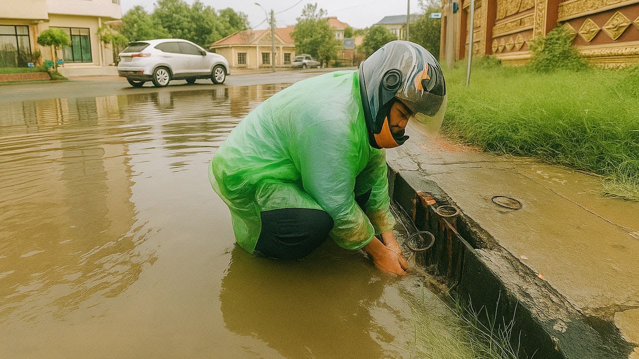 Remove Trash Clogged Culvert Drain On Street Road After Heavy Rain ...
