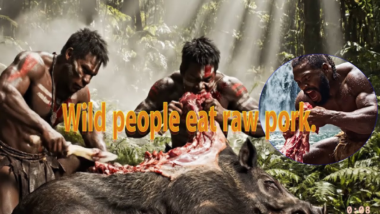 Two dark-skinned savage men eating raw meat while sitting on treeTribalHuntersTribalHunters