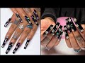 Makartt Clear Polygel Black Long Coffin Nails with Flower Bling