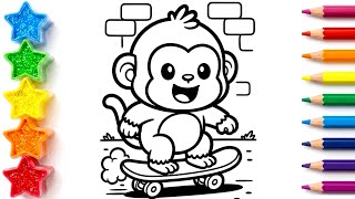 🐒 How to Draw a Cute Monkey on a Skateboard | Drawing and Coloring a Monkey | Easy Step by Step