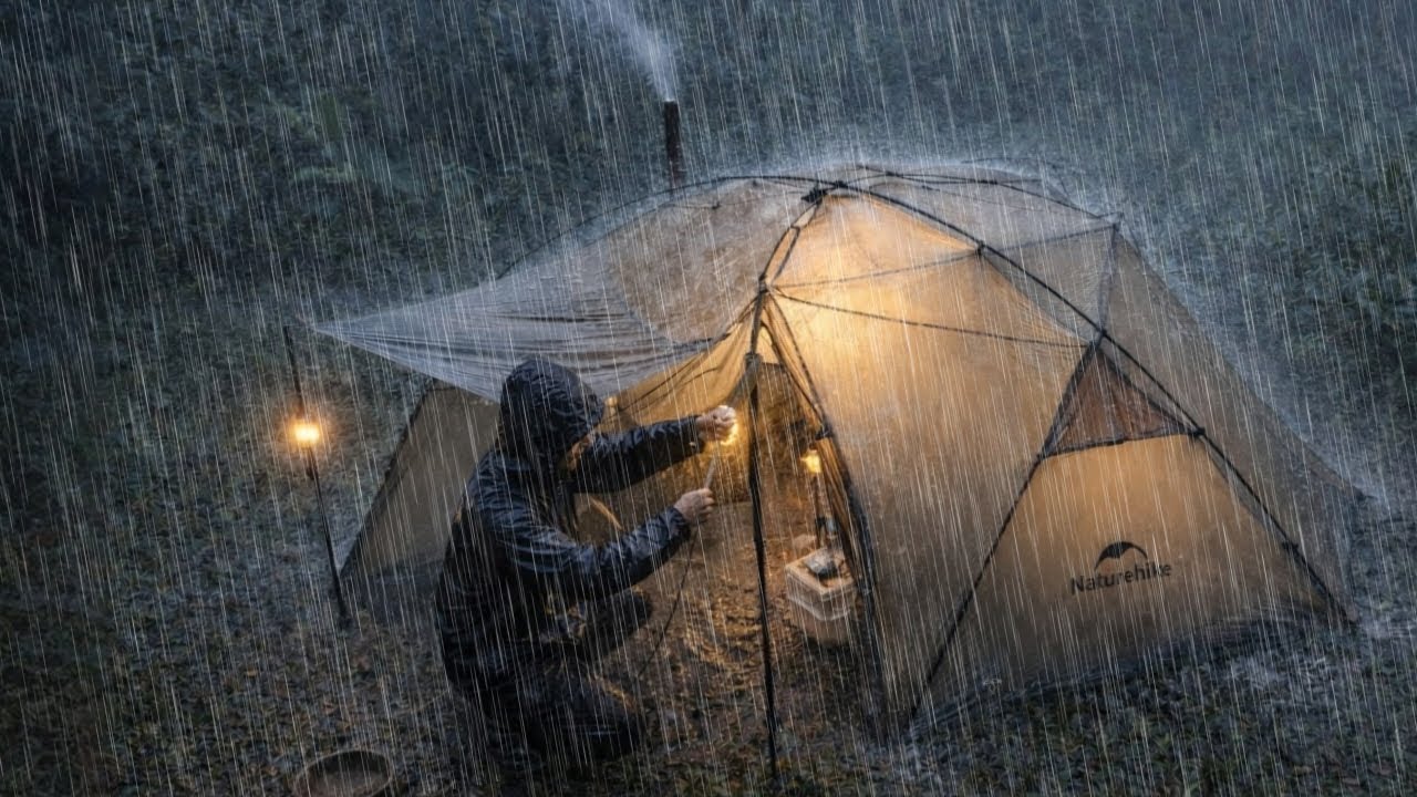 CAMPING IN HEAVY RAIN WITH CRAZY THUNDER // struggling to build a ...