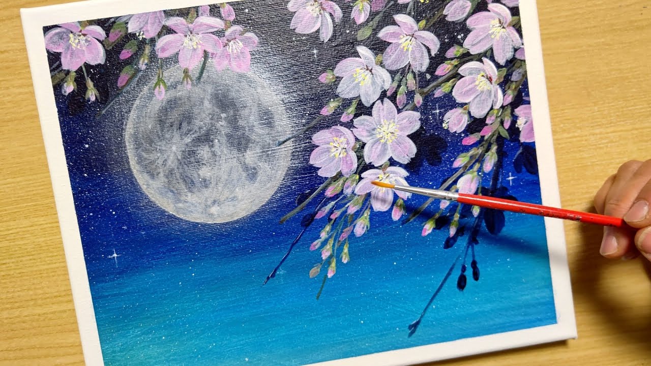 現代アート「桜並木のライトアップ」（3D painting） How to draw cherry blossoms on a full moon with acrylic