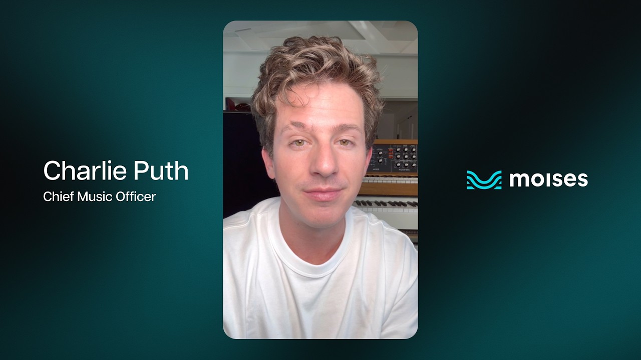 Charlie Puth ao lado de um logotipo da Moises, simbolizando a união de artista e inteligência artificial