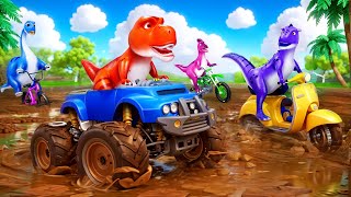 Jurassic Mud Race: Trex vs Allosaurus Battle! Funny Dinosaurs Cartoons 2024