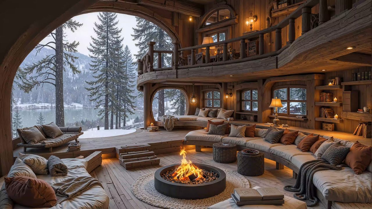 Smooth Winter Jazz Music with Snowfall - Cozy Cabin Ambience & Fireplace Crackles for Stress Relief