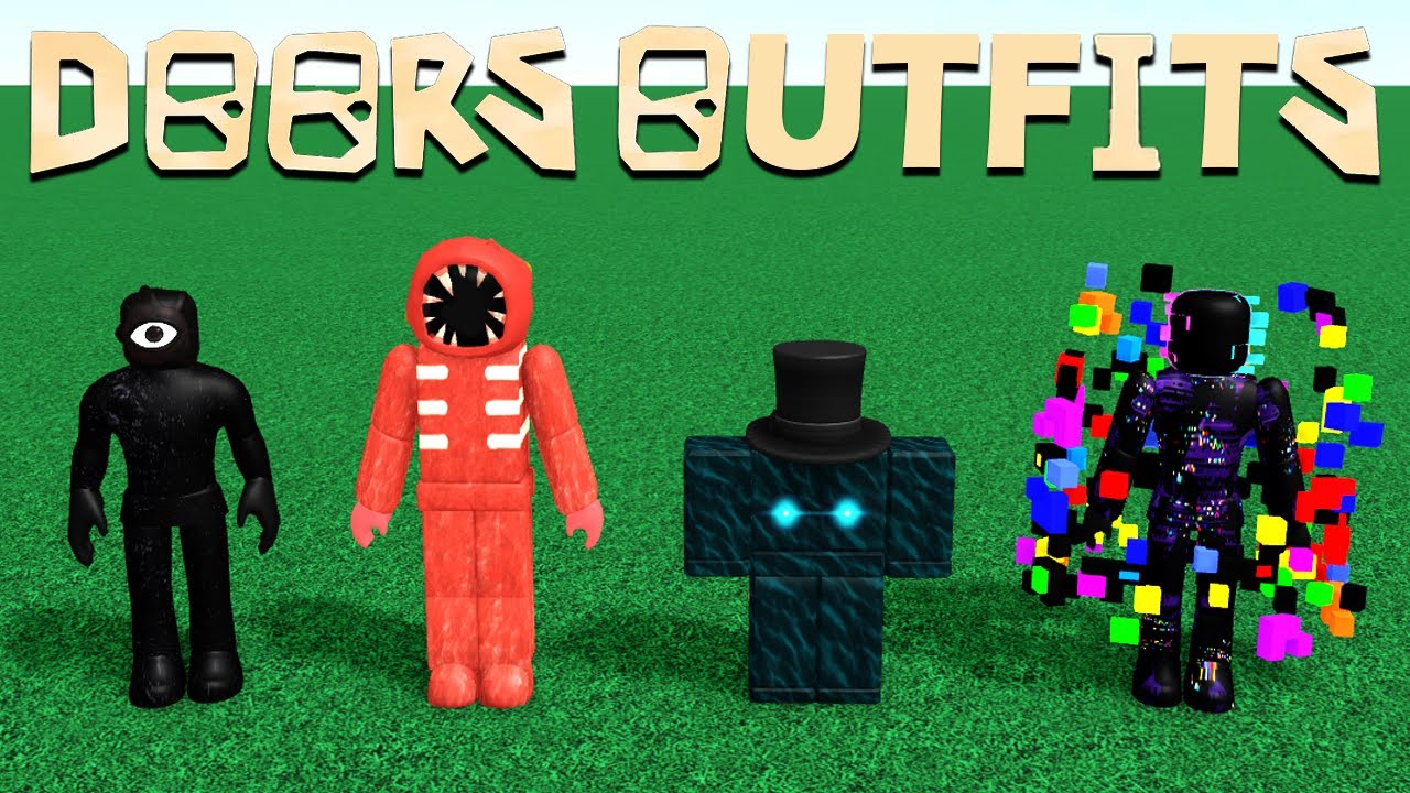 Create a roblox thumbnail of roblox avatars scared of doors which size  dimensions are 1280x720p