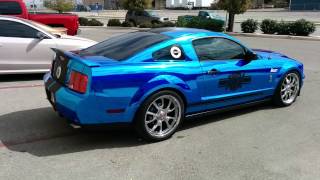 Blue chrome wrapped Mustang