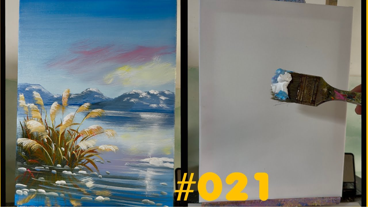 Step by Step Winter Landscape Painting | Mountains & Reed Flowers Reflection ❄️🎨