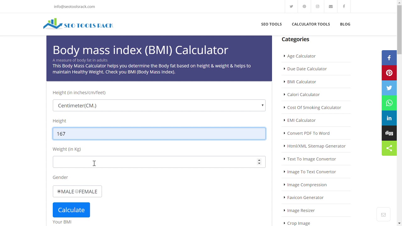 Bmi Calculator Body Mass Index Calculator Seotoolsrack Com Youtube