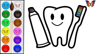 Çocuklar için boyama Рисование и раскраска зуба, зубной щетки и зубной пасты для детей