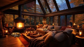 Cozy Rainy Day in Autumn with Crackling Fireplace, Dog and Cats  Sleep, Relax or Study