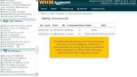How to see details in WHM about the processes currently in use by MySQL