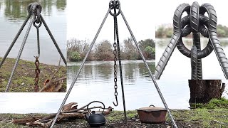 I make a Campfire Tripod  Heating Steel Rebar with a Handheld Gas Burner Torch.