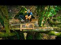 Tree hut shelter with fire place solo bushcraft log cabinplatform build while tarp camping e4s2