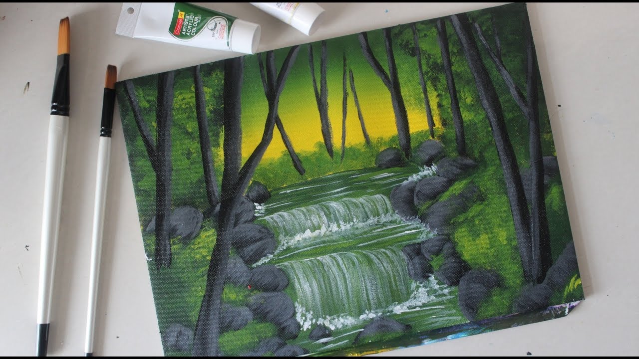 Step By Step Waterfall Landscape Painting For Beginners Waterfall